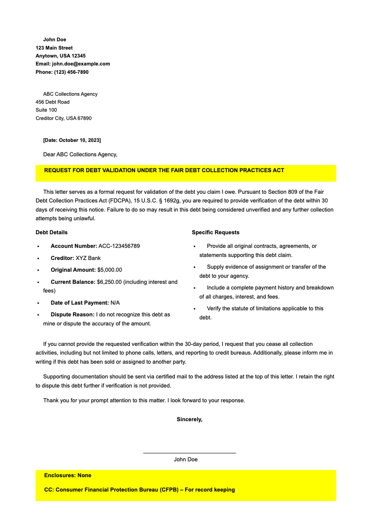 Debt validation letter template with highlighted fields_variant_1